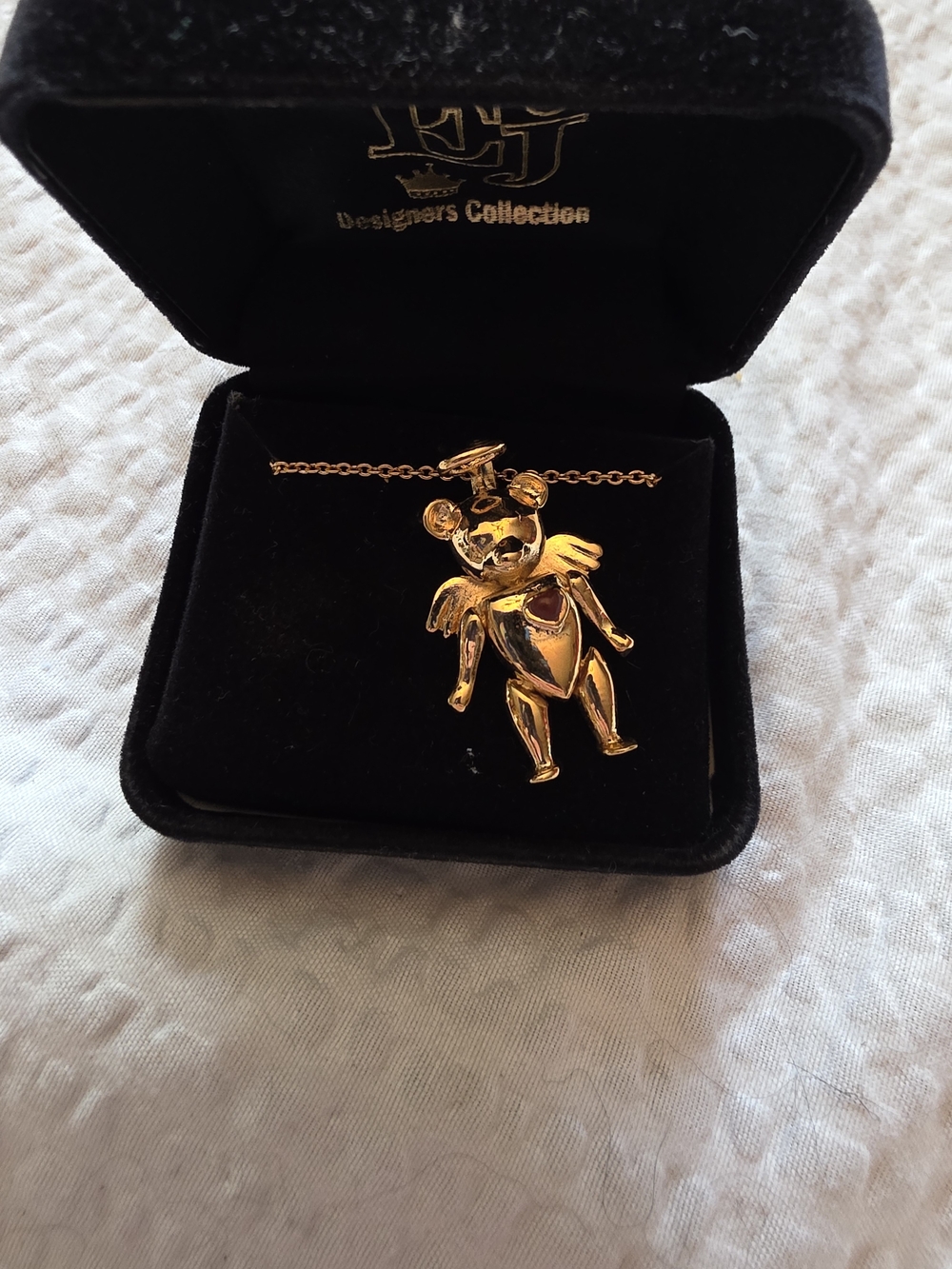 Vintage EJ Designers Collection Gold Tone Angel Teddy Bear Pendant Necklace with